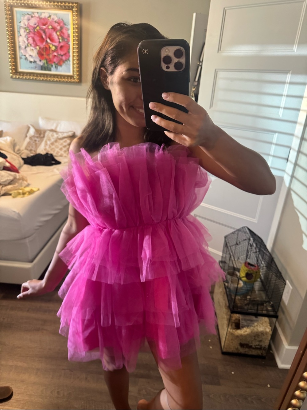 Bright Pink Strapless Tulle Mini Dress